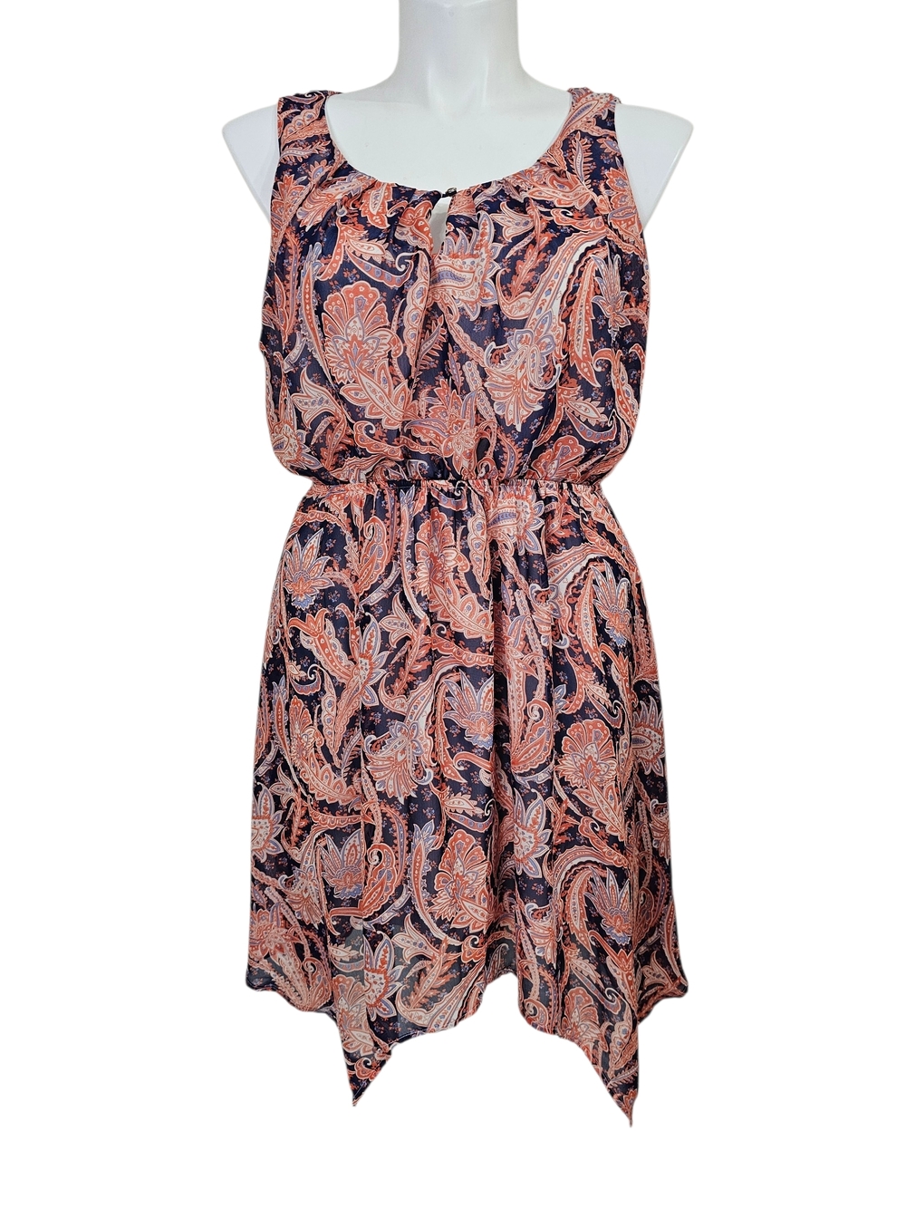 Sleeveless Paisley Handkerchief Hem Midi Dress - Pink & Navy - Picture 1 of 4